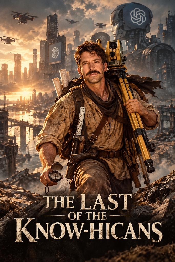 The Last of the Know-Hicans — a figure with surveying equipment navigating an AI-dominated cityscape